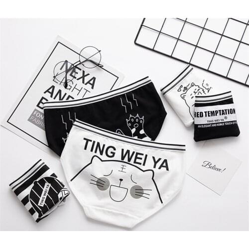 4pcs New Teenage Underpants Cat Printed Young Girl Briefs Black White Panties Girl Cotton Panties Kids Underwear