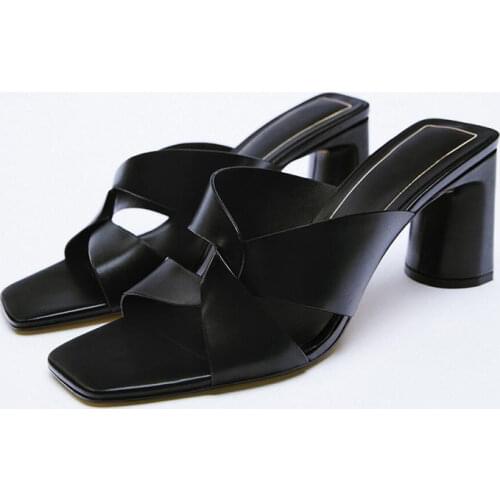 Sandals Women 2021 Luxury Brand Summer New Cross Fashion Square Toe High Heel Design Sexy Rhinestone Muller Sandals And Slippers