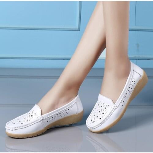 2021 New Genuine Leather Women Flats Cut-Outs Shoes Woman Hollow Summer Womens Loafers Moccasins Female Shoe Size 35-41