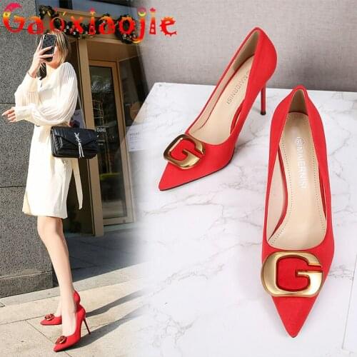 Gaoxiaojie 9.5CM Pumps Fashion Flock Pointed Toe Dress Women Stiletto Shoes Ornament Buckle Prom Party Temperament High Heels