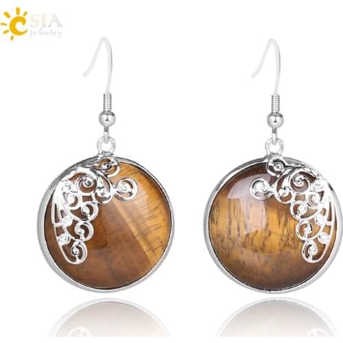 CSJA Fashion Round Statement Drop Earrings for Women Natural Gem Stone Lapis Lazuli Opal Tiger Eye Dangle Earrings Jewelry E789