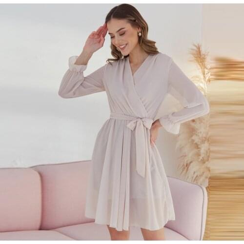Women Autumn Chiffon Dress Casual Ruffle Seven Sleeve V Neck Elegant Dress 2021 New Fashion Solid Color Mini Dresses For Party