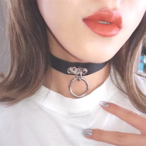 New Women Pink Punk Gothic PU Leather Choker Necklace Round Pendant Collar Birthday Party Gift Jewelry On Neck Accessories 2021