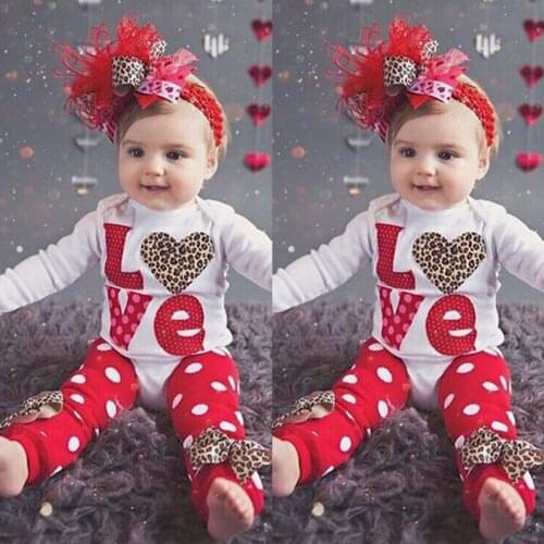 2020 Valentines Day 3pcs 0-18M Newborn Baby Girl Clothes Polka Dot LOVE Romper Tops Leopard Bow Pants Headband Outfits Set 3Pcs