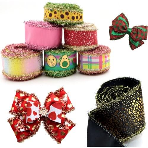 2Y/38mm Cartoon Puppy Flower Fruit Print Grosgrain Ribbon With Tinsel For Gift Wrap DIY Sew Bows Home Party Decor Accessory