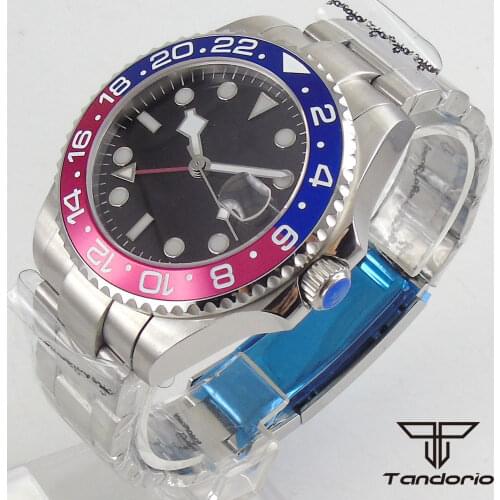 40mm Automatic Mens Watch GMT Function Black Dial Sapphire Date Bezel Insert Strap Screw In Crown