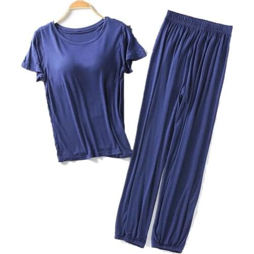 4911F-10 Womens Solid Color Pajamas Suit Summer Loose Half Sleeve Trousers Cotton Home Clothes Sleepwear Pj Sets for Women