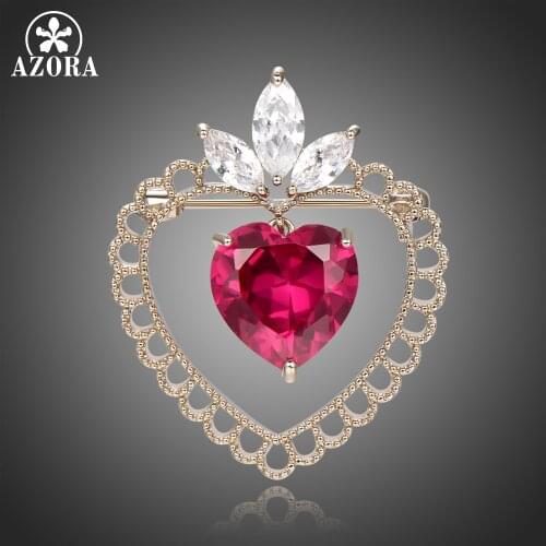 AZORA Vintage Red Cubic Zirconia Double Heart Brooches for Women Cute Pin Brooch Elegant Fashion Jewelry High Quality TP0110