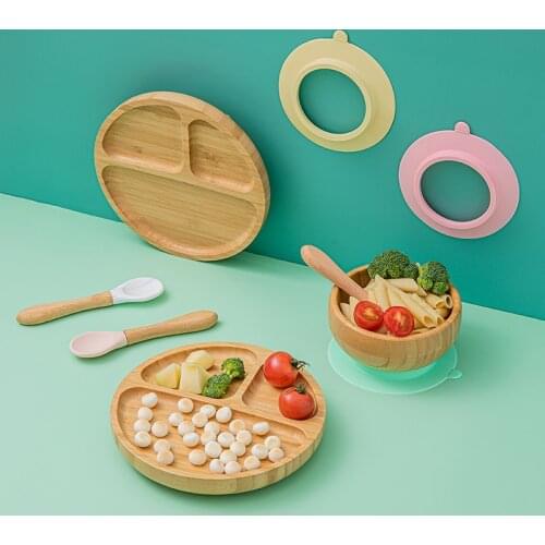 Baby Feeding Bowl Baby Dinner Plate Silicone Suction Cup Wooden Fork Spoon Wooden Kids Feeding Dinnerware Custom name