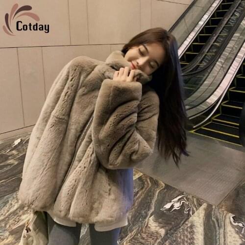 Cotday Long Casual Zipper 2020 New Fashion Womens Korean Artificial Fur Rex Rabbit Coat Womens Thickened Winter Warm Coats