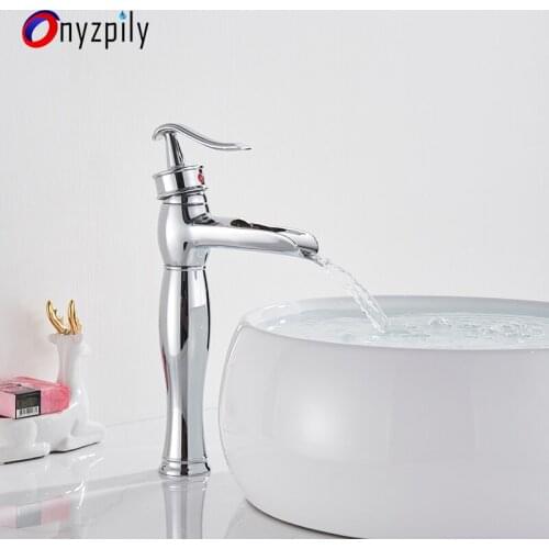 Onyzpily Chrome Basin Faucet Waterfall Spout High Style Vessal Brass Bathroom Sink Faucet Single Handle Hole Bath Mixer