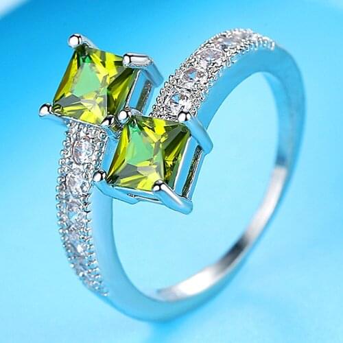 Square emerald gemstones green crystal Rings for women luxury diamond anillos bague white gold silver color jewelry fashion gift