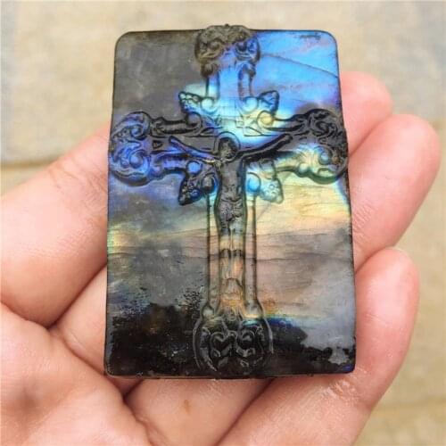 Beautiful crystal carvings natural hand-carved Cross labradorite stone Christ Jesus Pendant necklace fashion jewelry gifts 1pcs
