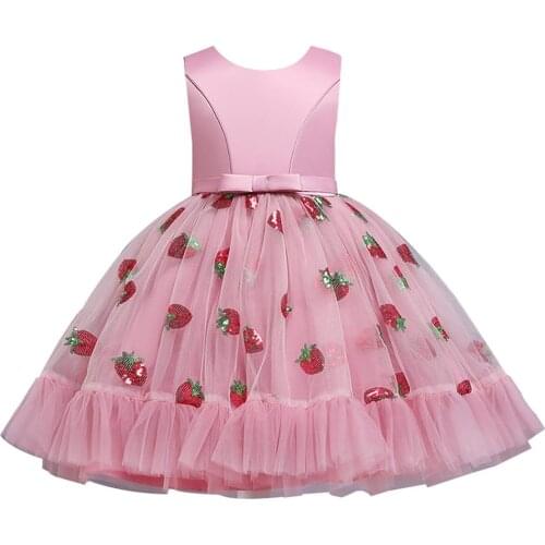 Strawberry Summer girl stereo formal dress High quality Elegant flower bow princess dress Childrens piano performance dress