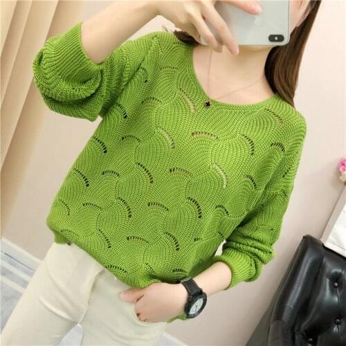 Fashion Autumn Women Thin Sweaters 2020 New O-neck Loose Pullovers Hollow Out Knitwear Sweater Sexy Blue Pink Jumper