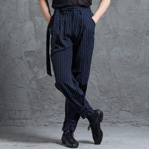 Men Latin Dance Pants Practice Performance Clothes Blue Striped Wide-Leg Pants Adult Male Cha Cha Rumba Latin Trousers DQS5896
