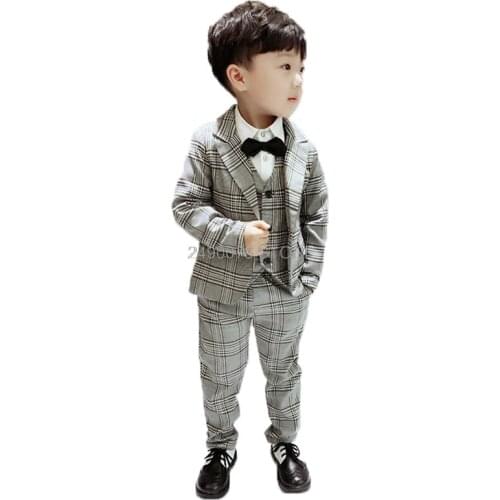 New Flower Boys 3Pcs Formal Plaid Wedding Suit Kids England Style Blazer Jacket +Pant+Waistcoat Suit for Boys Kids Party Costume