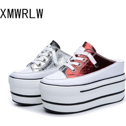XMWRLW Split Leather Half Shoes For Woman 2020 Spring Summer Flat Platform Shoes Women Thick Sole Wedges Sneakers Women Shoe
