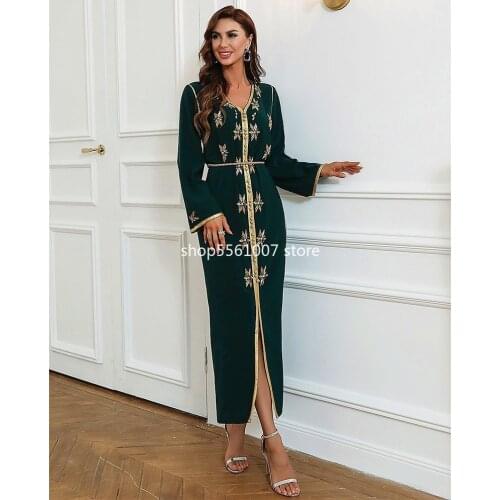 Ramadan Moroccan Kaftan Abayas for Women Muslim Dress Handmade Beading Diamond Abaya Dubai Evening Dresses Islam Clothing Caftan