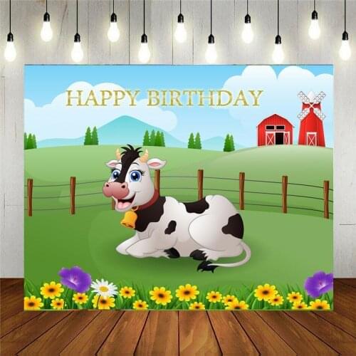 Photo Studio Props Photography Backdrop Cartoon Cute Cow In Farm With Field Vinyl Background Kids Birthday Party Decoration