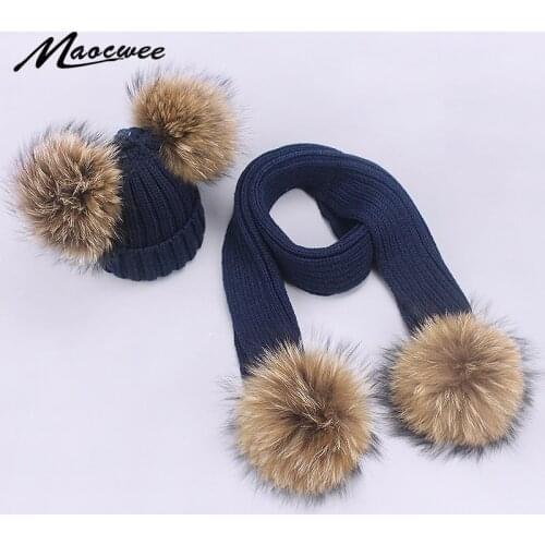 2 Pieces Set Children Winter Hat Scarf For Girls Boys Real Natural Raccoon Fur Pom Pom Beanies Kids Cap Knitted Hats Wholesale