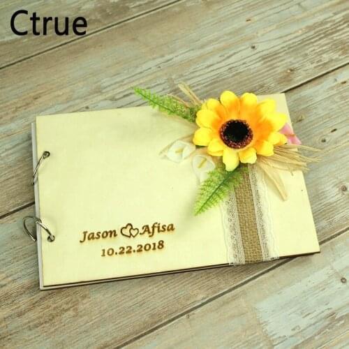 Personalised name date Wedding Guest Book with Sunflower Rustic wedding Gift Custom engraved Vintage Wedding Wooden guestBook