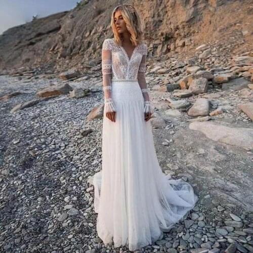 Full Sleeve BOHO Bohemian Wedding Dresses Tulle Sweep Train Vintage V Neck Bridal Gowns Pearls Beach Sheer Back Custom Made