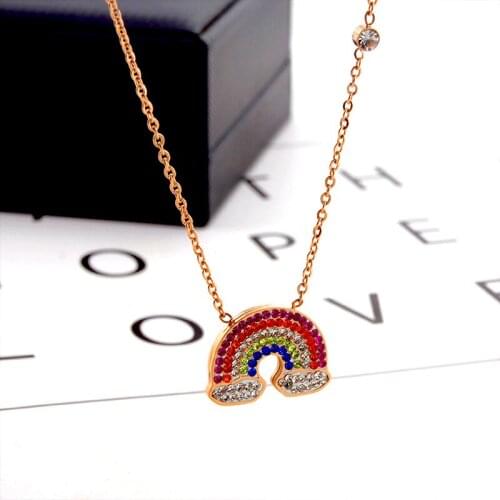 Trend rainbow pendant necklaces womens fashion simple Zircon necklace stainless steel crystal rose gold chain necklace jewelry