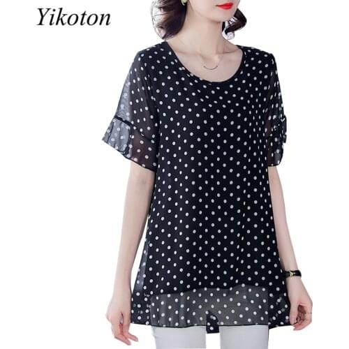 Summer Dress Shirts Women Blouse And Top Loose Plus Size Tunic 2021 Fashion Blouses Short Sleeve Chiffon Print O-Neck Feminine