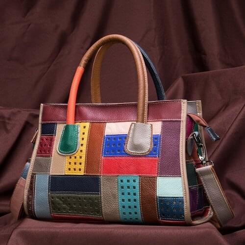 2020 High Fashion Women Handbags Genuine Leather Tote Bags With Shouder Strap Real Skin female handbag colorful patchwork