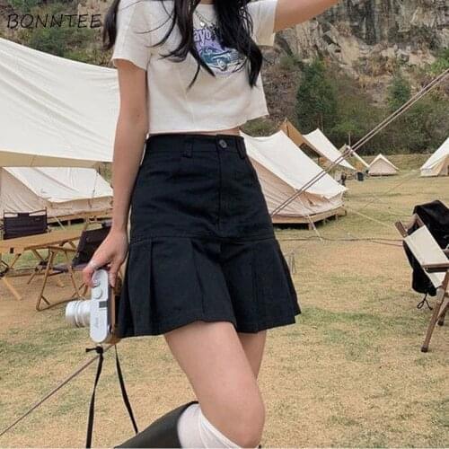 Plus Size Skirts Women Preppy Style Solid Ruffles Harajuku Mini Jupe A-line Slim Summer Student Trendy All-match Chic Simple Ins