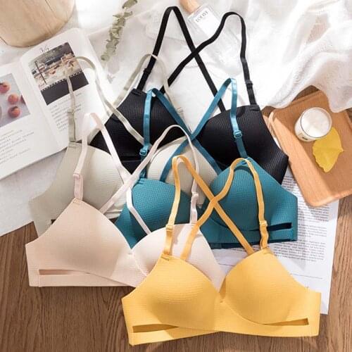 Wasteheart Women Fashion Yellow Seamless Cross Back Bralette Cut Out Wireless One-Piece Bras Padded Cotton Cup A B Maiden Bras