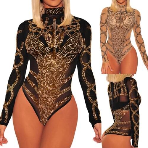 Bodysuit Women Long Sleeve Womens Sexy Mesh Bodysuit Long Sleeve Diamond Perspective Tops Jumpsuit Romper Long Romper лонгслив