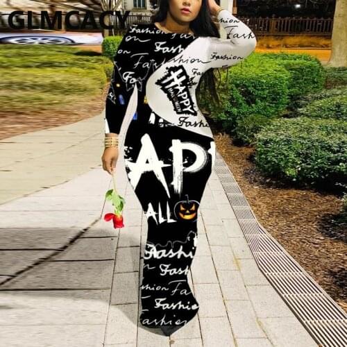 Women Long Sleeve Funny Letter Printed Dress Happy Holloween Dress Elegant Bodycon Maxi Dress