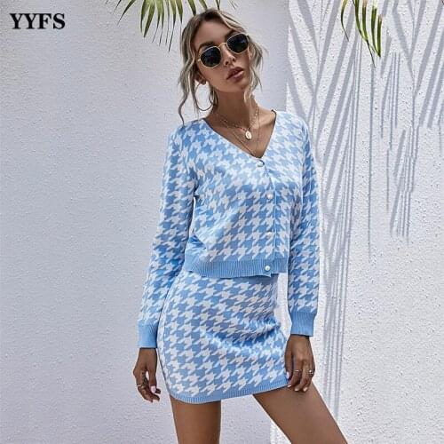 2020 New Women Two-Piece Autumn New Fashion Houndstooth Print Set Slim Long Sleeve Knit short Skirt Two-Piece Women 2 Piece Tet