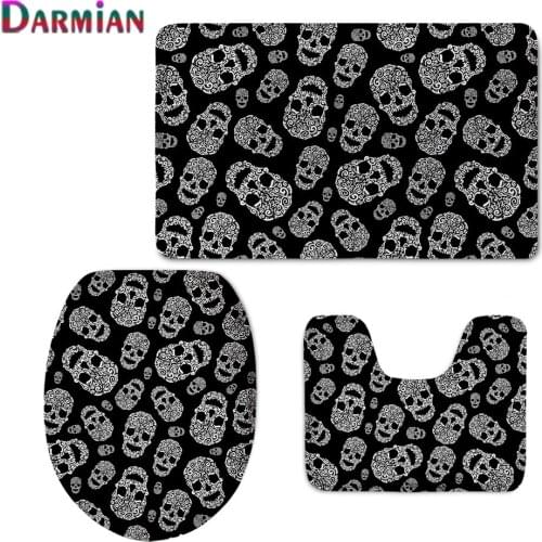 2021 Classic Sugar Skulls Design Bathroom Toilet Seat Cover Set Carpet Washable Washroom Floor Non-slip Rugs Home Accessories