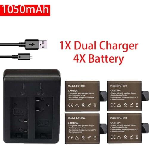 4Pcs 3.7V 1050mAh PG1050 Action Camera Battery + Dual Charger For EKEN H9 H9R H3 H3R H8PRO H8R SJ4000 SJCAM SJ5000 M10 batteries