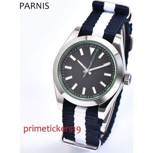40mm parnis black dial sapphire glass 316L steel polished case automatic mens watch nylon strap PA1063
