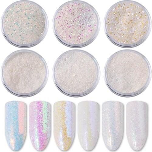 6 Pcs Nail Art Powder Iridescent Acrylic Powder Glitter Pigment Silver DIY Nail Art Decoration Kit