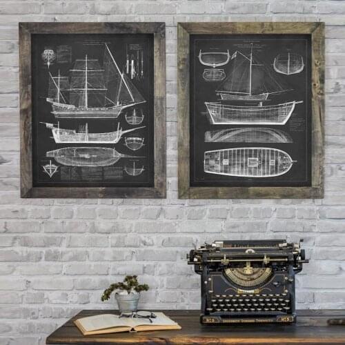 Abstract Ship Blueprint Canvas Painting Poster Print Boys Kids Room Wall Art Pictures for Vintage Room Decor