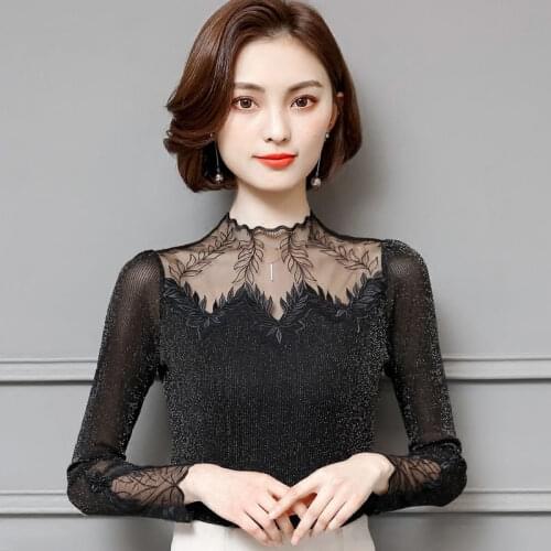 Hollow Out Patchwork Spliced Turtleneck Blusas Lace Blouses Shirts Casual Long Sleeve Tops Women Spring Autumn Style