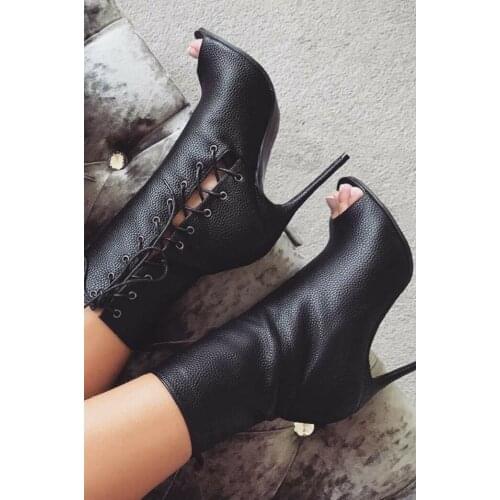 Black Sexy Thin High Heel And Peepp Toe Fashion Women Boots Side Corss-tied Fashion Spring And Summer Women Ankle Boots Shoes