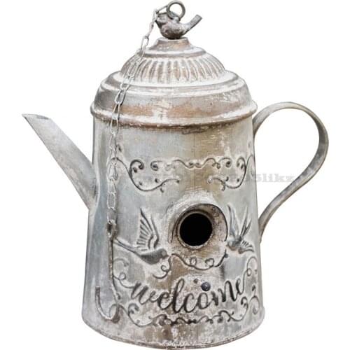 European Retro Metal Kettle Shaped Bird House Birds Nest House Courtyard Decoration Villa Garden Hanging Type Ornaments