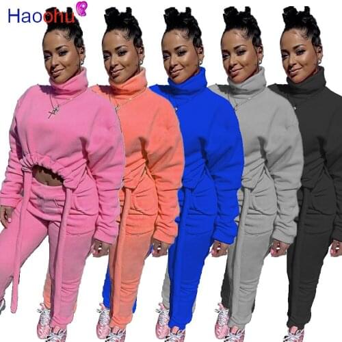 HAOOHU Casual Tracksuit 2 Piece Set Winter Turtleneck Long Sleeve Crop Top+Pocket Pants Fashion Outfits for Women Matching Sets