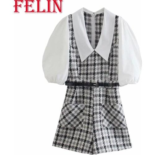 FELIN Women Slash Playsuits Za Fashion 2021 Sailor Collar Textured Woolen Paneled Mini Jumpsuit Puff Sleeve Bodysuit Mujer Suit