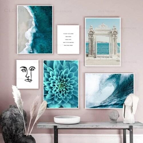 Life Quote Sea Landscape Nordic Decoration Poster and Prints Blue Flower Canvas Paitng Modular Wall Art Pictures for Living Room