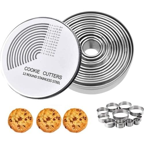 12-Piece 304 Stainless Steel Cookie Biscuit Cutter Set, Round Pastry Donut Doughnut Cutter Mold Rings Set Baking Tools