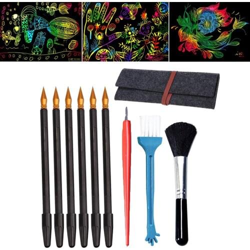Dual-Tip Scratch Pens Painting Set Pens Scraper Brushes Storage Bag for Kids Children Birthday Christmas Gift