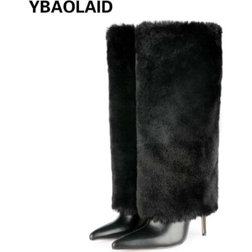 New Autumn and Winter New Pointed Toe Solid Color Stiletto Boots Fashionable Tube Surface Fur One Sleeve Furry Fashion Boots