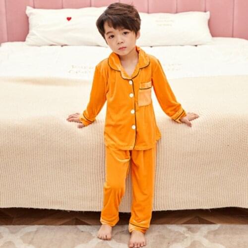 New AutumnWinter Boy Girl Pajamas Set Children Pijamas Kids Soild V-Neck Warm Homewear Pyjama Christmas Golden Velvet Sleepwear